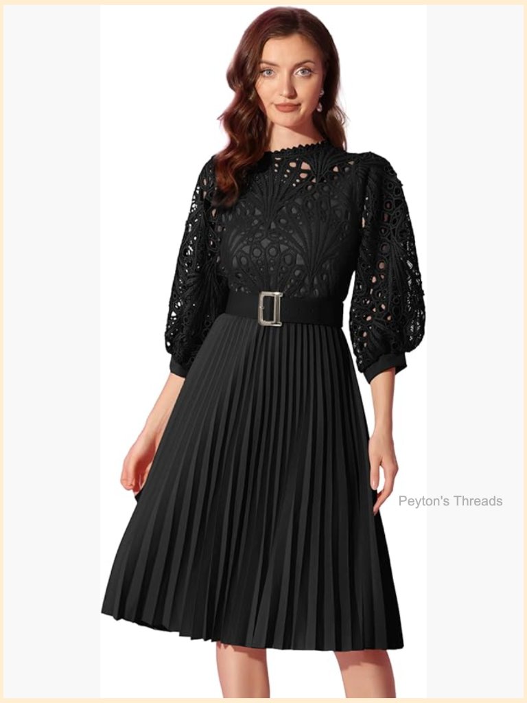 Elegant Lace Crochet Lantern Sleeve Belted Pleated Midi Dress